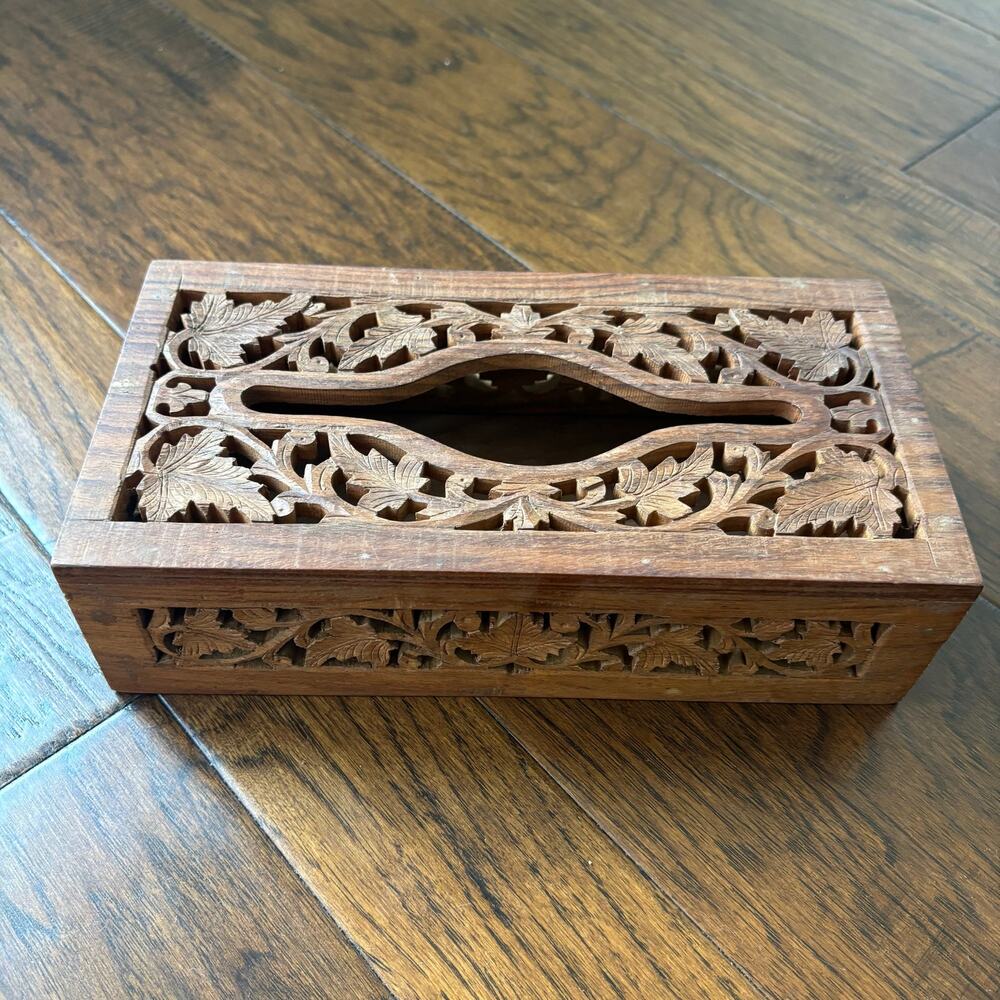 Vintage Hand Carved Wooden Tissue Box Cover Holder Sliding Bottom Leaf Filigree